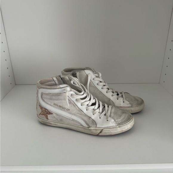 Golden Goose White and Gold High-Top Sneakers - Picture 1 of 5